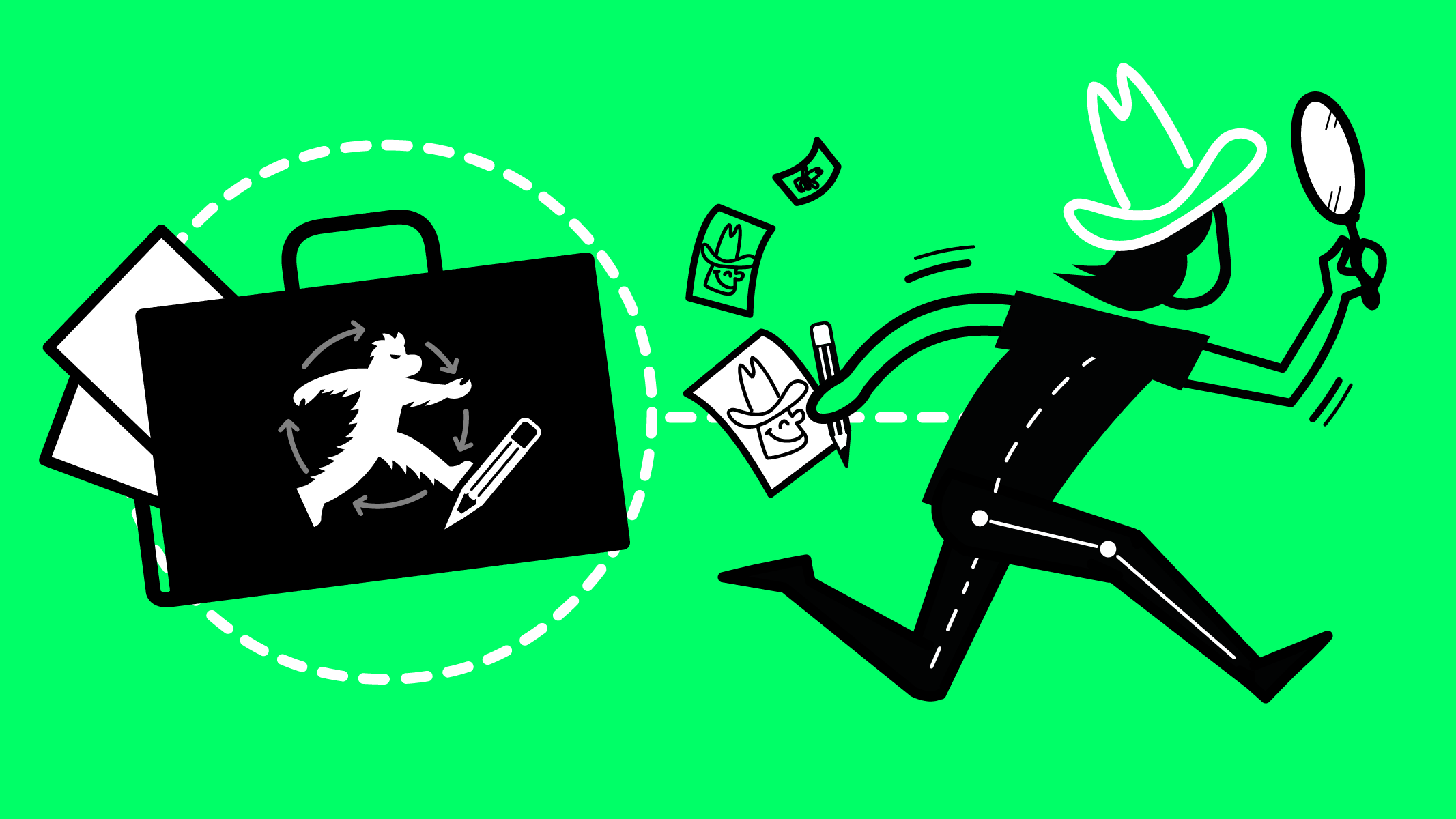 Icon showing an animator and a portfolio with an animated creature