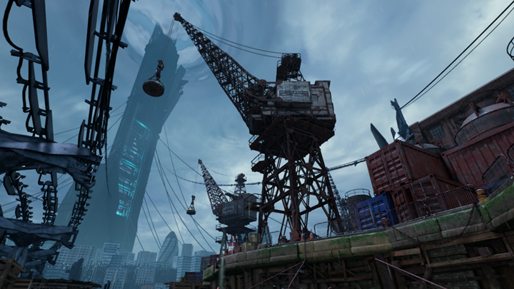 Industrial London location with large cranes in the foreground