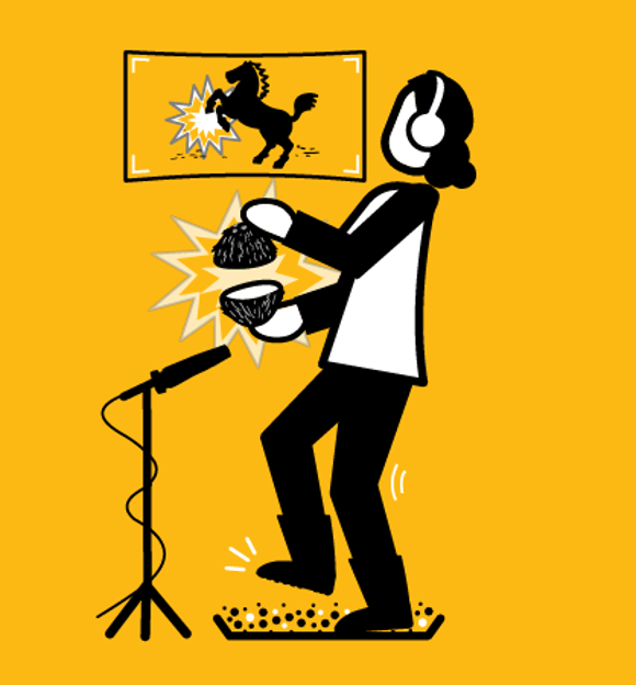 Illustration of a foley artist making sounds with a coconut and gravel in front of a microphone illustration