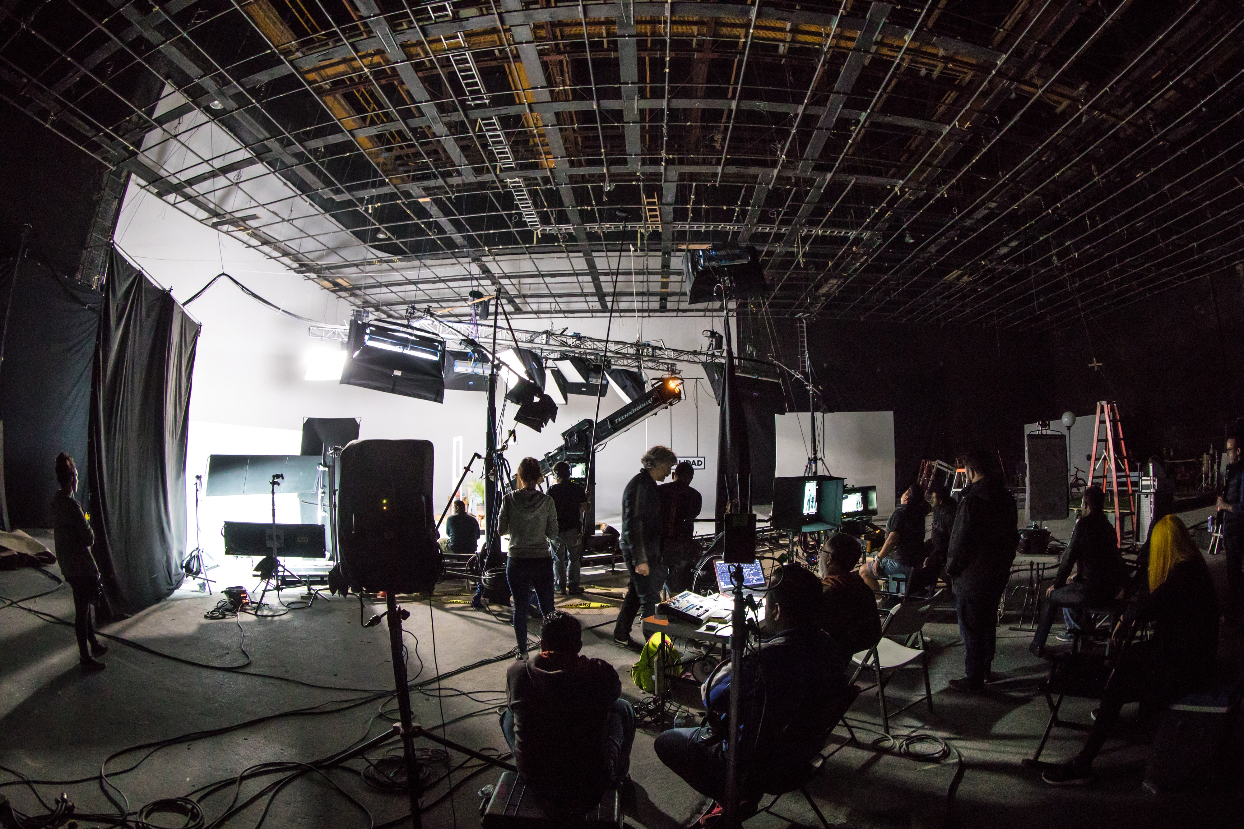 Wide shot of an active film set
