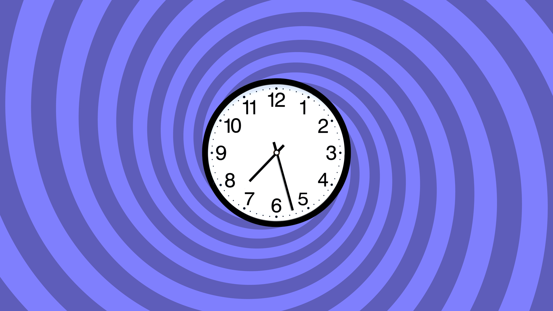 A graphic of round clock showing the time 7.37am with a purple swirly background
