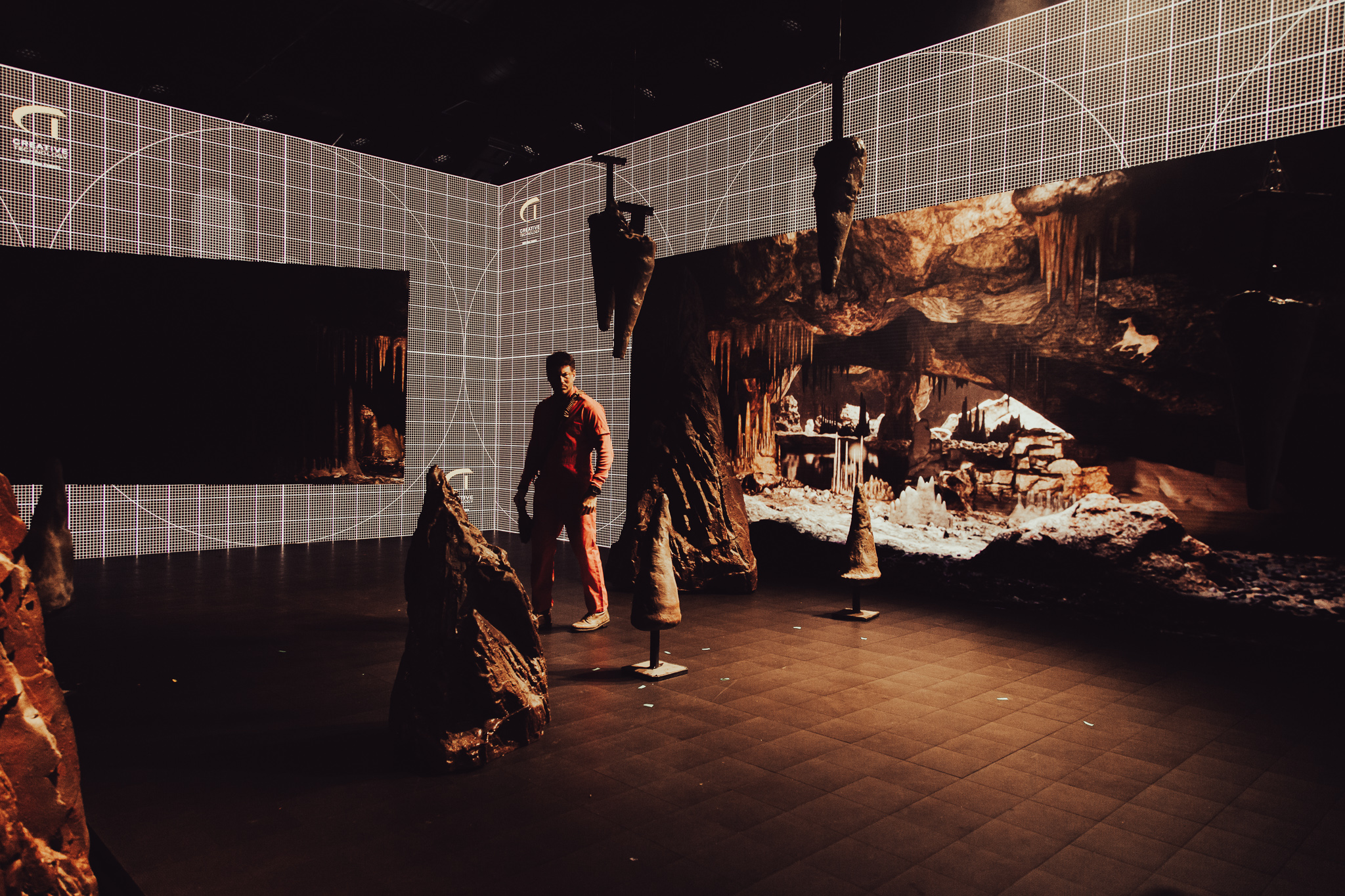 Virtual production set recreating a cave