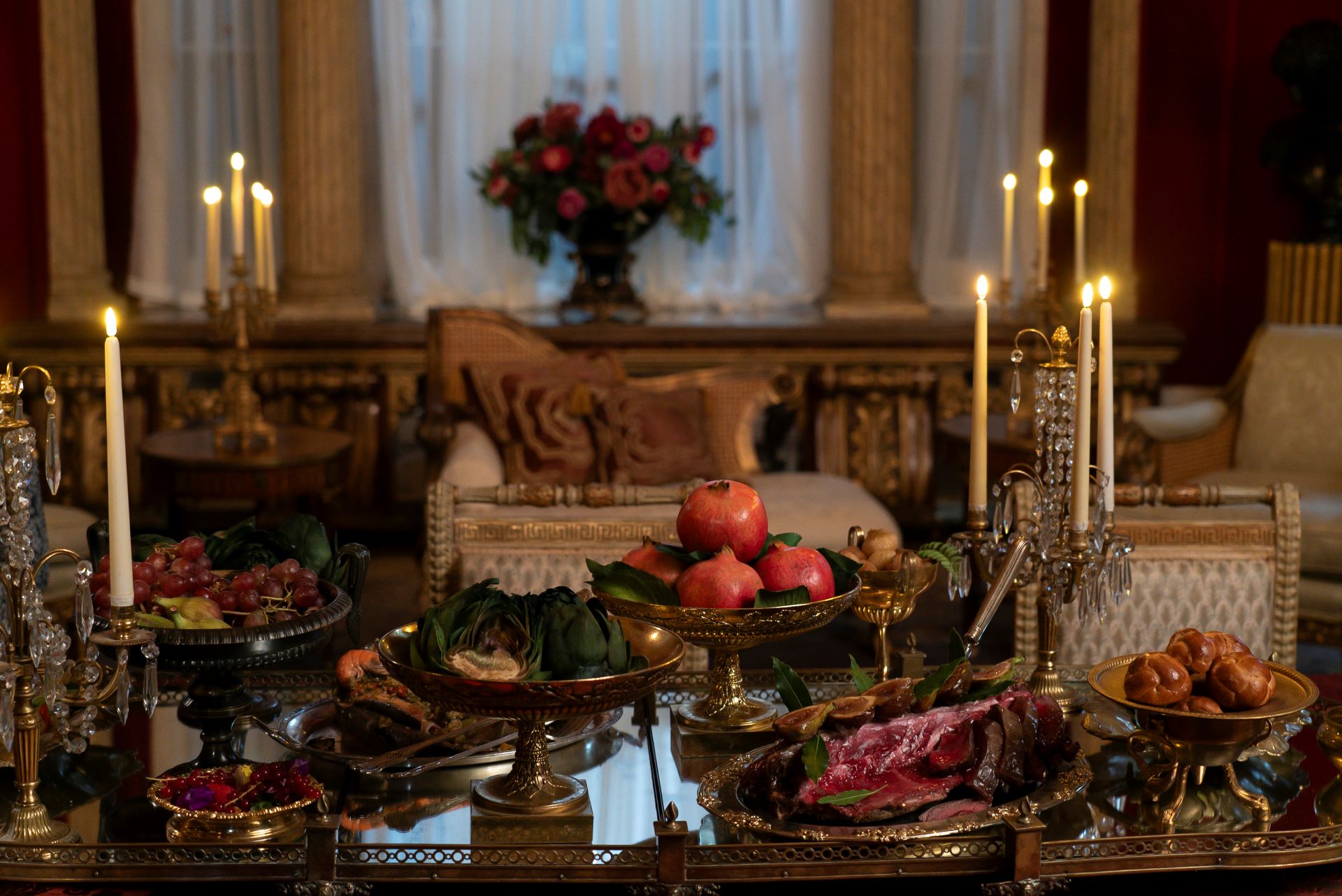 Close up of an opulent dining table on the set of Bridgerton
